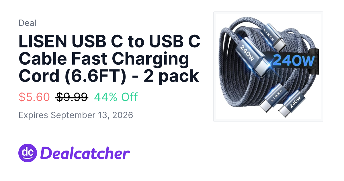Amazon - LISEN USB C to USB C Cable Fast Charging Cord (6.6FT) - 2 pack $5.60