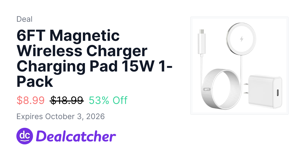 Amazon - 6FT Magnetic Wireless Charger Charging Pad 15W 1-Pack $8.99