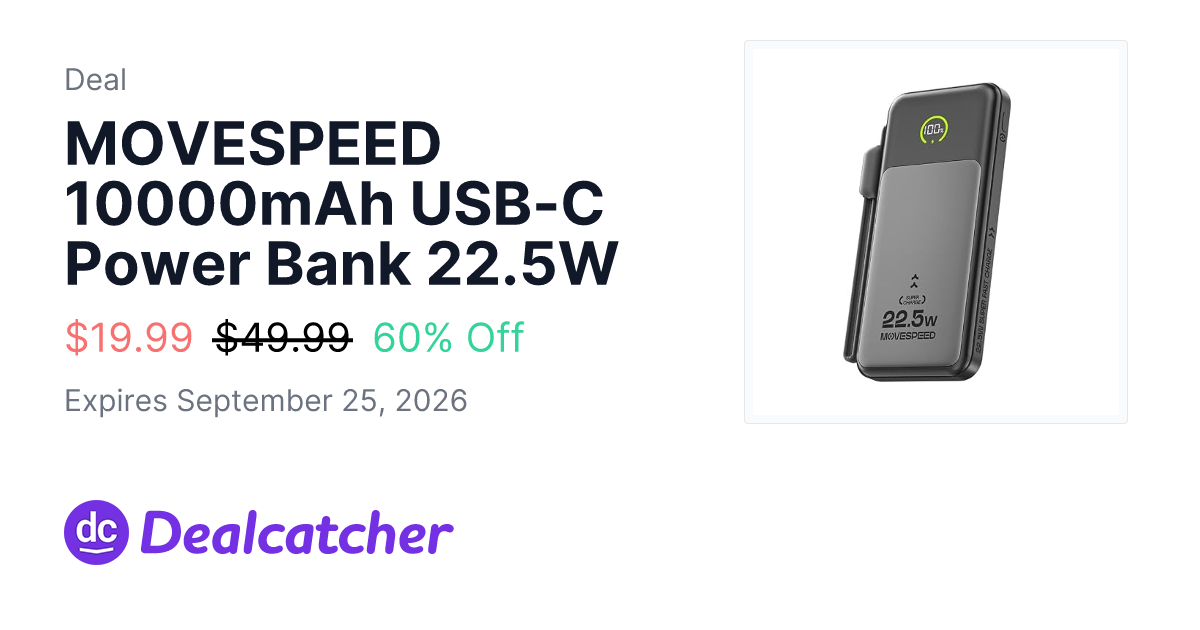 Amazon - MOVESPEED 10000mAh USB-C Power Bank 22.5W $19.99