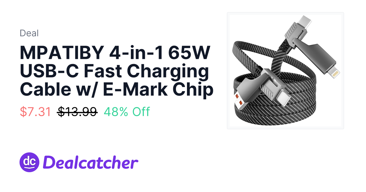 Amazon - MPATIBY 4-in-1 65W USB-C Fast Charging Cable w/ E-Mark Chip $7.31