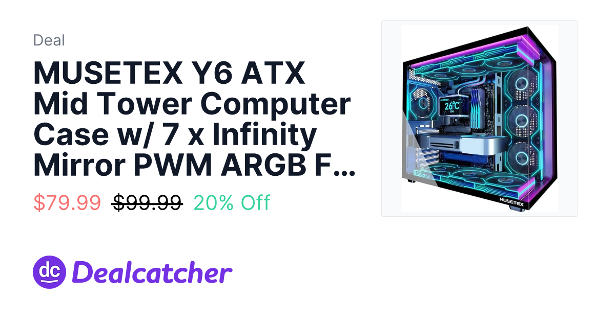 MUSETEX Y6 ATX Mid Tower Computer Case w/ 7 x Infinity Mirror PWM ARGB ...