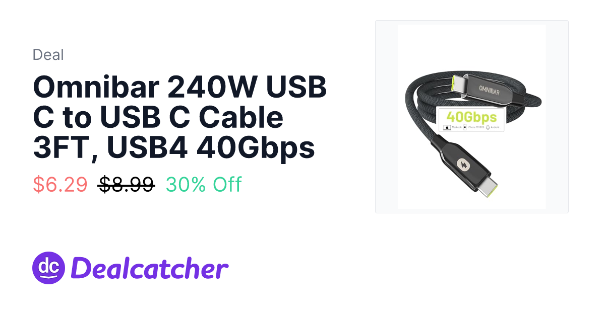 Amazon - Omnibar 240W USB C to USB C Cable 3FT, USB4 40Gbps $6.29