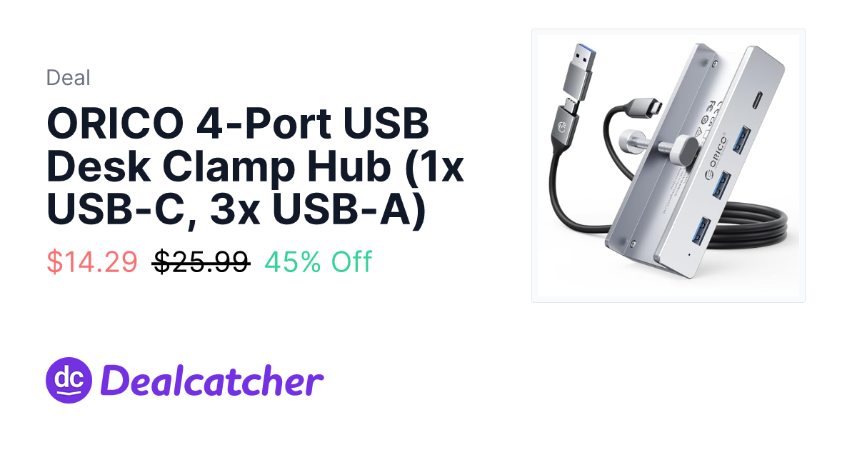 Amazon - ORICO 4-Port USB Desk Clamp Hub (1x USB-C, 3x USB-A) $14.29