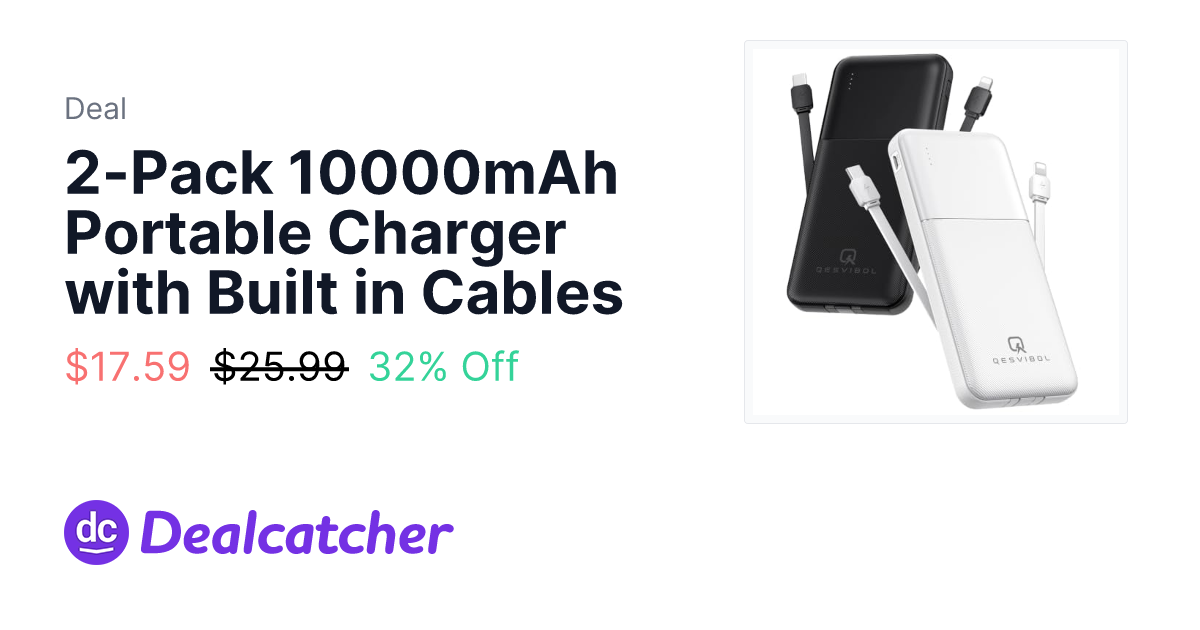 Amazon - 2-Pack 10000mAh Portable Charger with Built in Cables $17.59