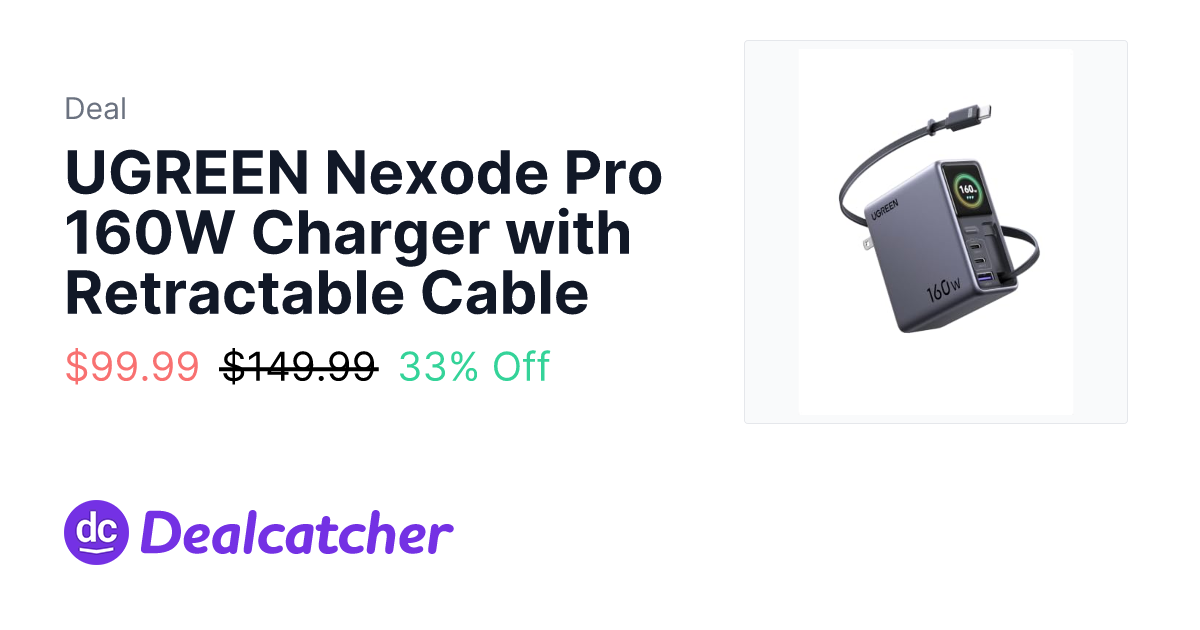 Amazon - UGREEN Nexode Pro 160W Charger with Retractable Cable $99.99