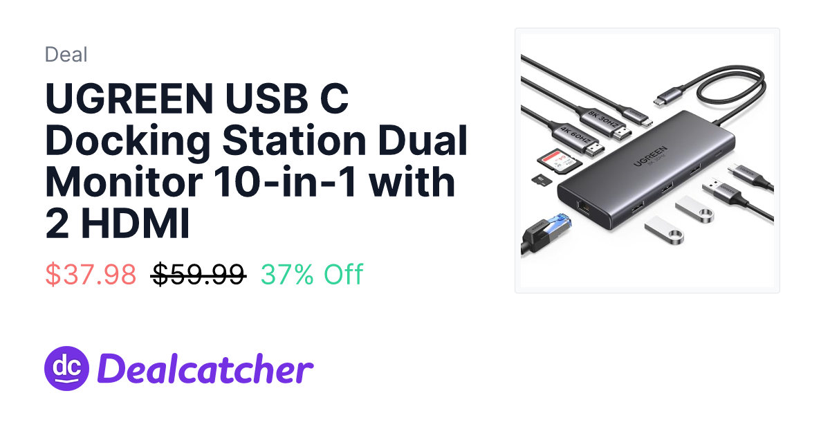 Amazon - UGREEN USB C Docking Station Dual Monitor 10-in-1 with 2 HDMI $37.98
