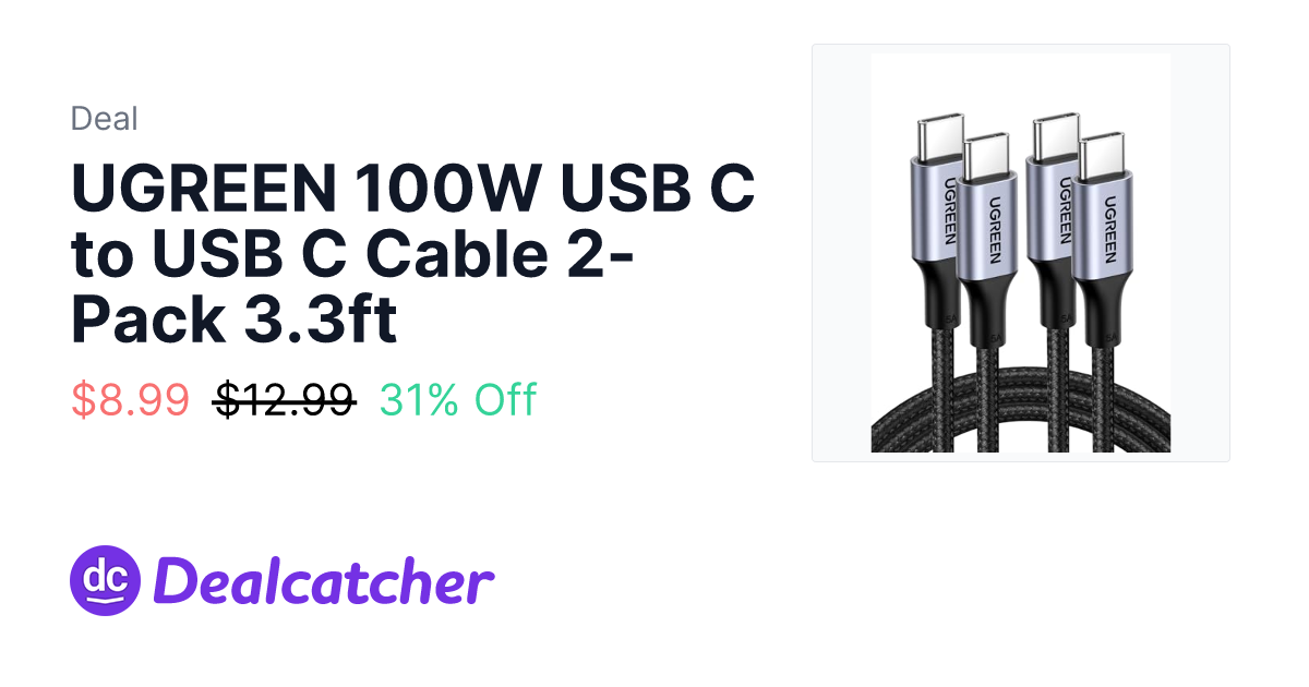 Amazon - UGREEN 100W USB C to USB C Cable 2-Pack 3.3ft $8.99