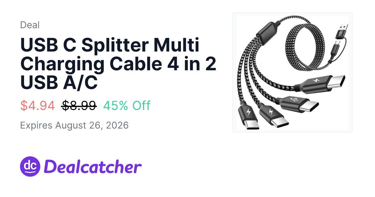 Amazon - USB C Splitter Multi Charging Cable 4 in 2 USB A/C $4.94
