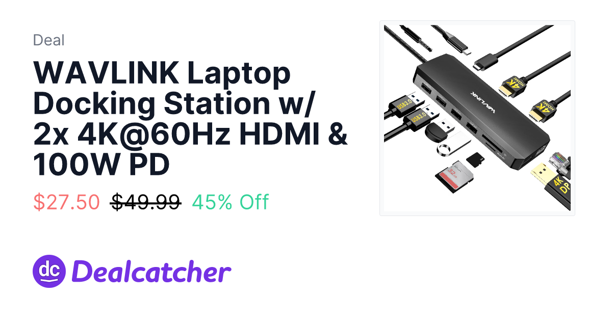 Amazon - WAVLINK Laptop Docking Station w/ 2x 4K@60Hz HDMI & 100W PD $27.50