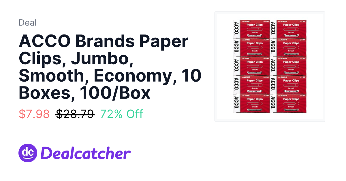 Amazon - ACCO Brands Paper Clips, Jumbo, Smooth, Economy, 10 Boxes, 100/Box $7.98