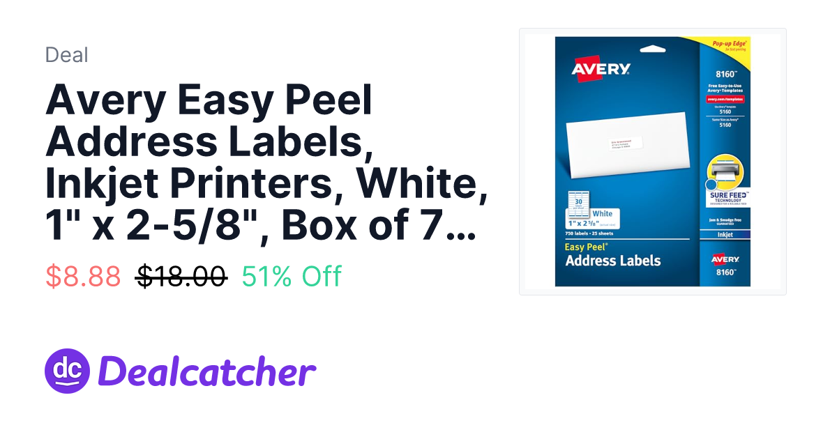 Amazon - Avery Easy Peel Address Labels, Inkjet Printers, White, 1" x 2-5/8", Box of 750 Labels (08160) $9.92