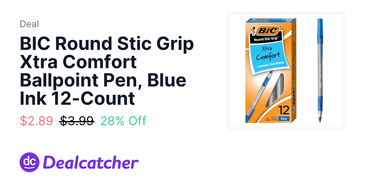 Amazon - BIC Round Stic Grip Xtra Comfort Ballpoint Pen, Blue Ink 12-Count $2.89