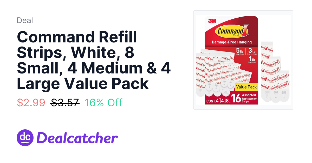 Staples - Command Refill Strips, White, 8 Small, 4 Medium & 4 Large Value Pack $2.99