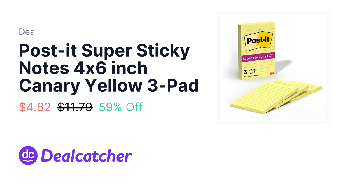 Amazon - Post-it Super Sticky Notes 4x6 inch Canary Yellow 3-Pad $4.82