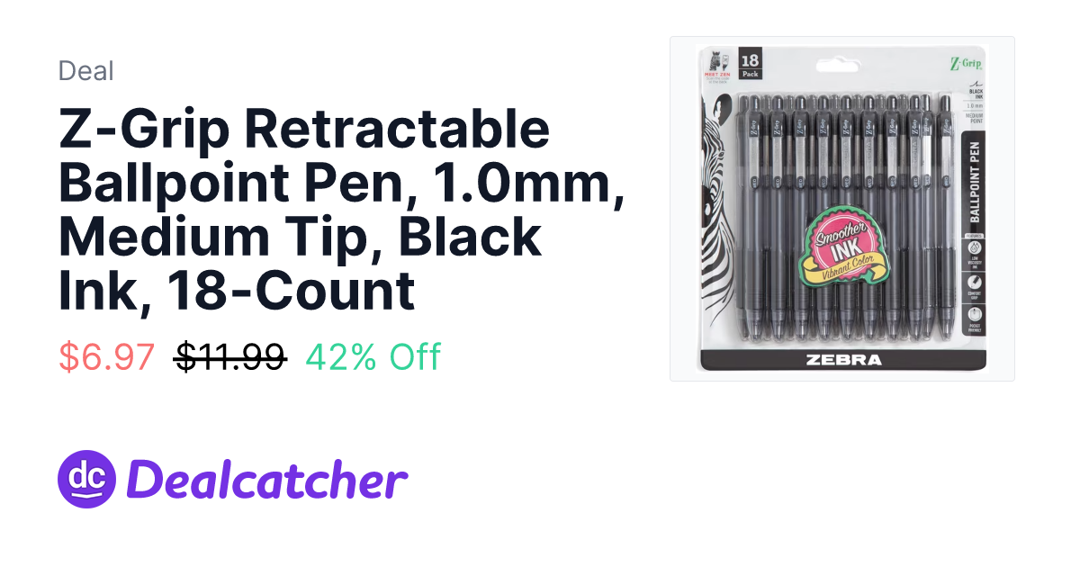 Walmart - Z-Grip Retractable Ballpoint Pen, 1.0mm, Medium Tip, Black Ink, 18-Count $6.97