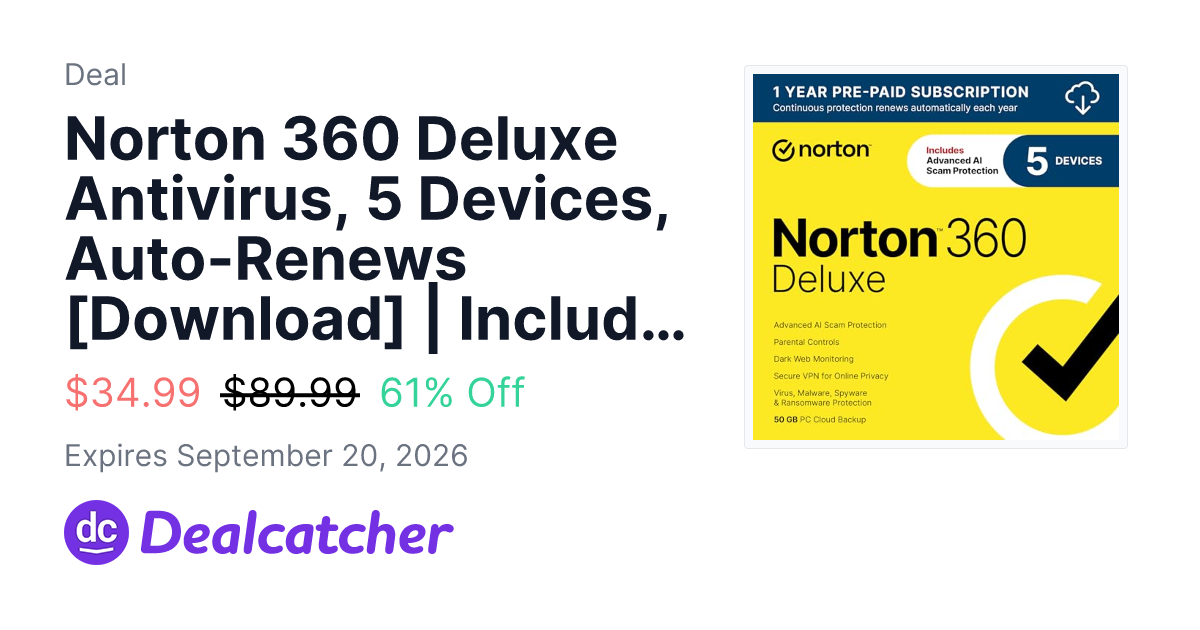 Amazon - Norton 360 Deluxe Antivirus, 5 Devices, Auto-Renews [Download] | Includes AI Scam Protection, Advanced VPN, Dark Web Monitoring, & PC Cloud Backup $34.99