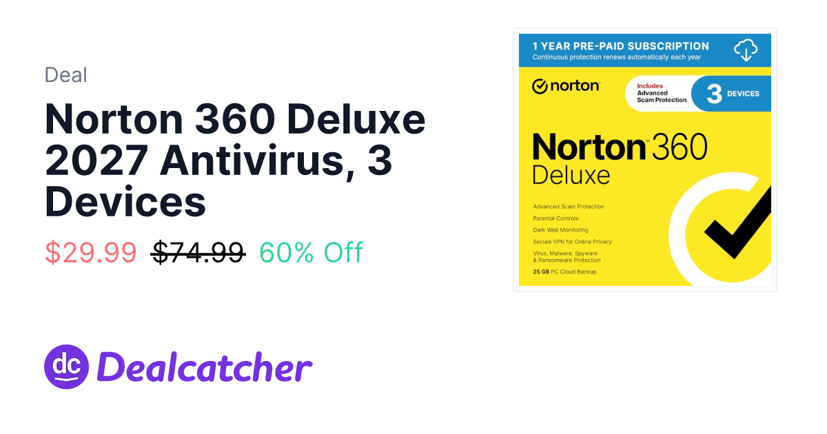 Amazon - Norton 360 Deluxe 2027 Antivirus, 3 Devices $29.99