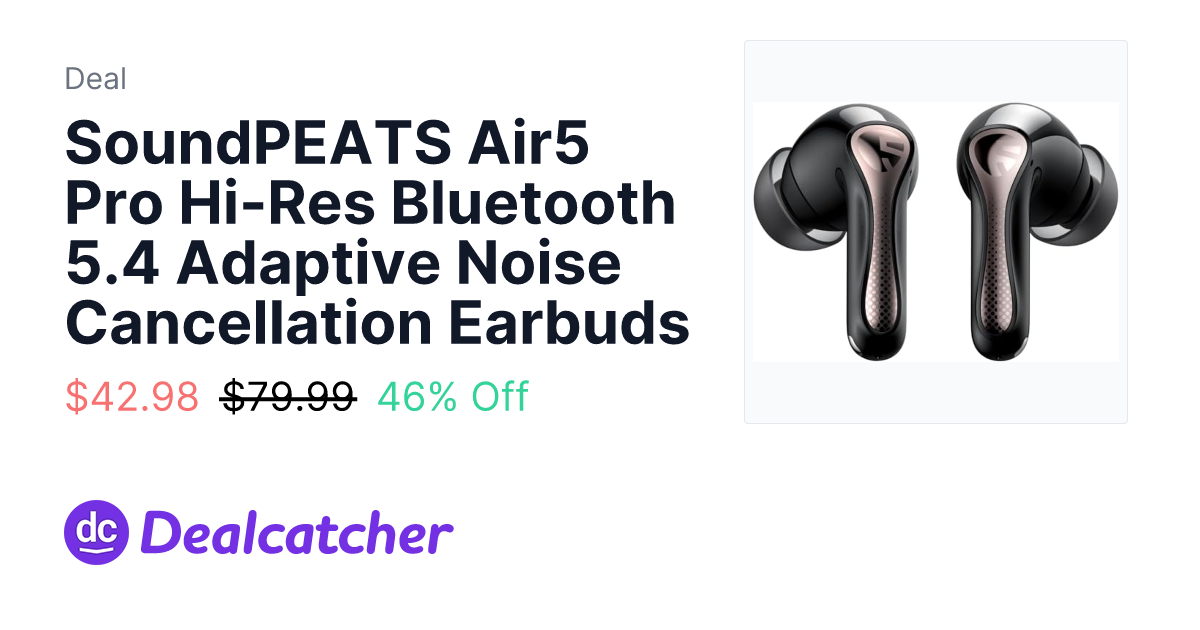 Amazon - SoundPEATS Air5 Pro Hi-Res Bluetooth 5.4 Adaptive Noise Cancellation Earbuds $42.98