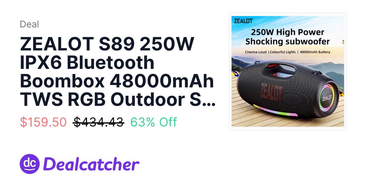 AliExpress - ZEALOT S89 250W IPX6 Bluetooth Boombox 48000mAh TWS RGB Outdoor Speaker $159.50