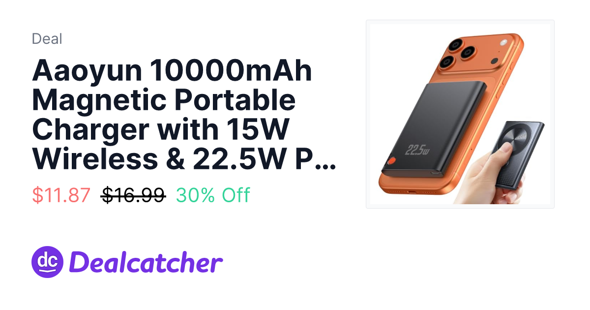 Amazon - Aaoyun 10000mAh Magnetic Portable Charger with 15W Wireless & 22.5W PD Fast Charging $11.87