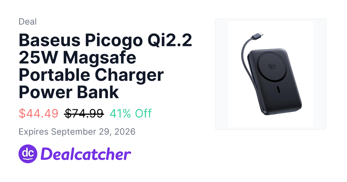 Amazon - Baseus Picogo Qi2.2 25W Magsafe Portable Charger Power Bank $44.49