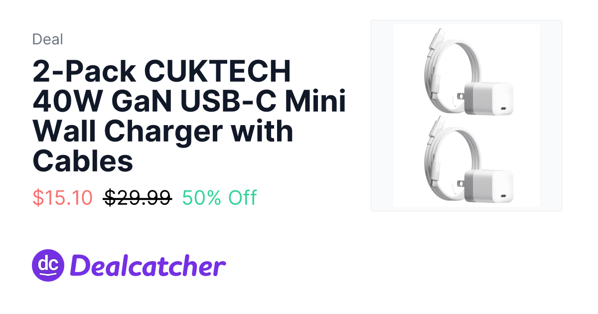Amazon - 2-Pack CUKTECH 40W GaN USB-C Mini Wall Charger with Cables $15.10