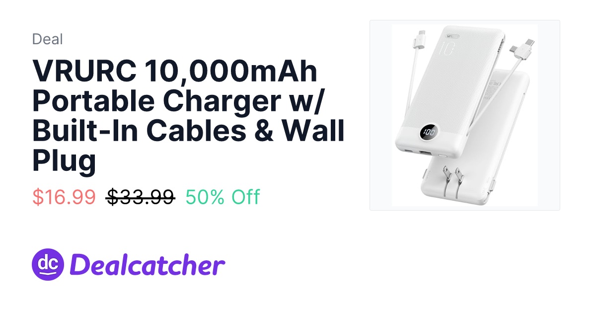 Amazon - VRURC 10,000mAh Portable Charger w/ Built-In Cables & Wall Plug $16.99