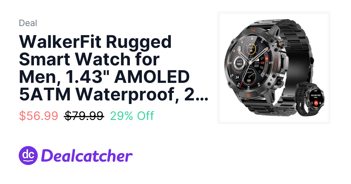 Amazon - WalkerFit Rugged Smart Watch for Men, 1.43" AMOLED 5ATM Waterproof, 2 Bands $56.99