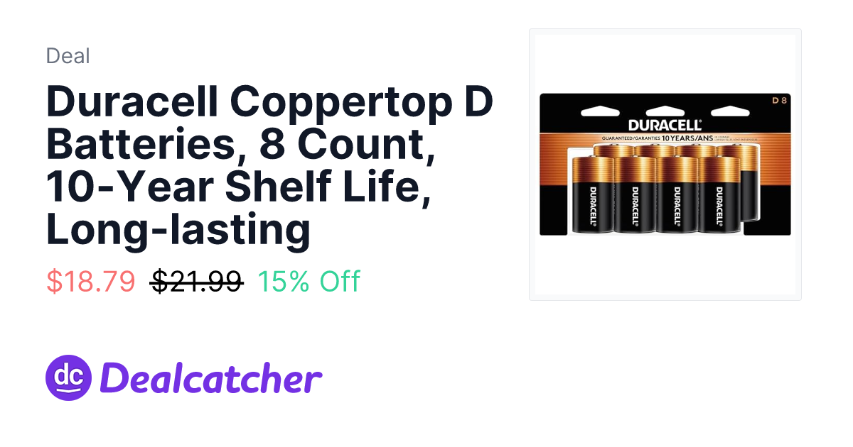 Amazon - Duracell Coppertop D Batteries, 8 Count, 10-Year Shelf Life, Long-lasting $18.79