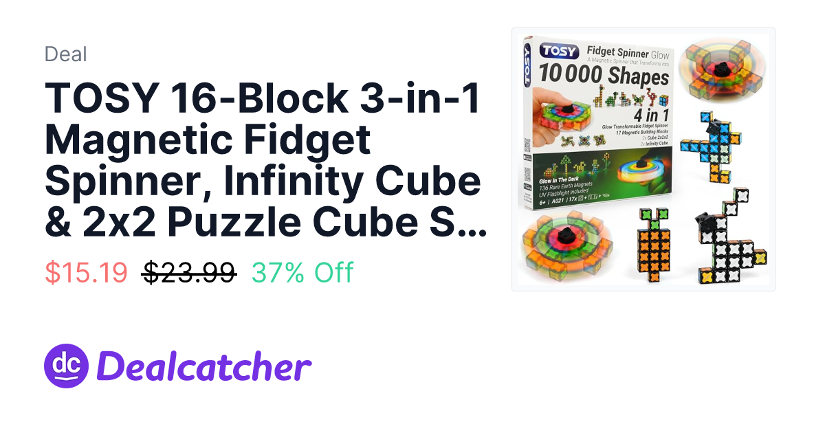 Amazon - TOSY 16-Block 3-in-1 Magnetic Fidget Spinner, Infinity Cube & 2x2 Puzzle Cube Set w/ UV Flashlight (Glow) $15.19