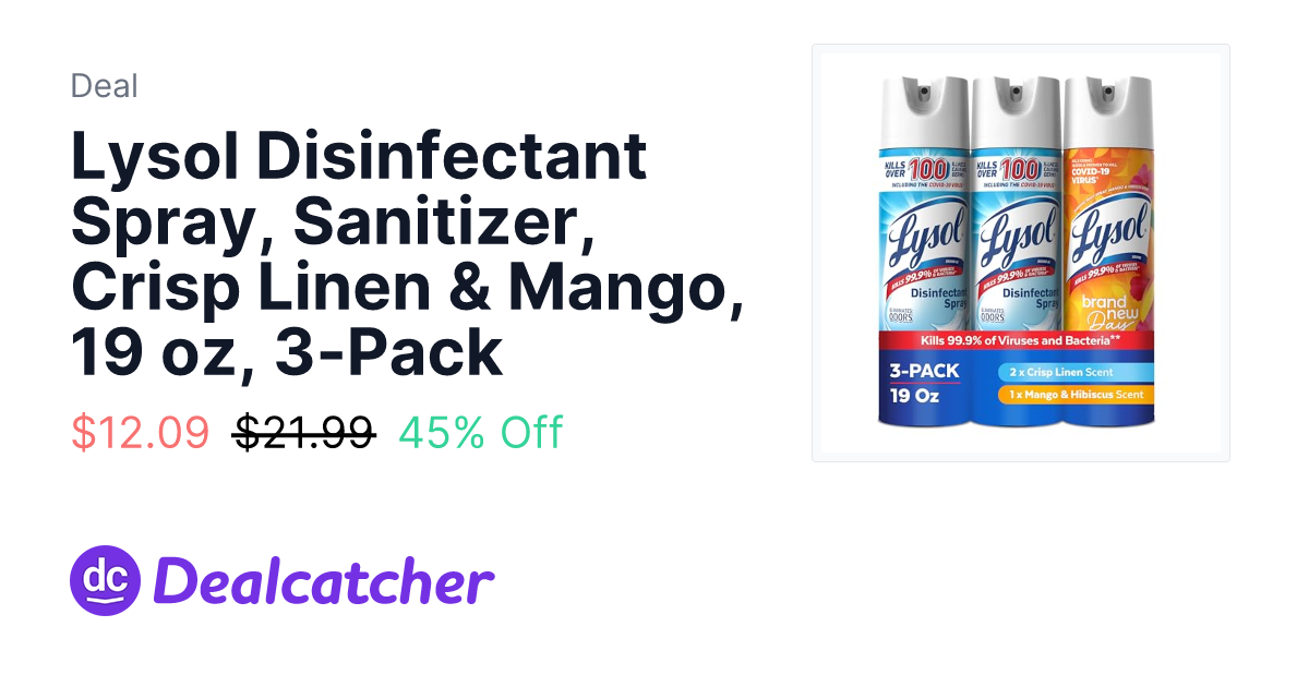 Amazon - Lysol Disinfectant Spray, Sanitizer, Crisp Linen & Mango, 19 oz, 3-Pack $12.09