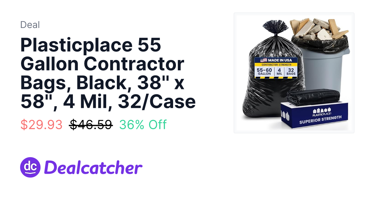Amazon - Plasticplace 55 Gallon Contractor Bags, Black, 38'' x 58'', 4 Mil, 32/Case $29.93