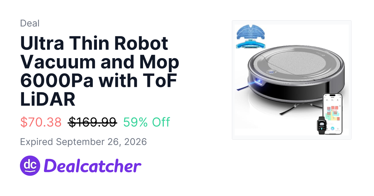 Amazon - Ultra Thin Robot Vacuum and Mop 6000Pa with ToF LiDAR $70.38