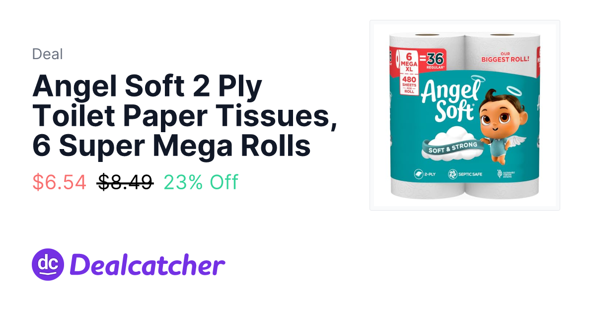 Amazon - Angel Soft 2 Ply Toilet Paper Tissues, 6 Super Mega Rolls $6.54