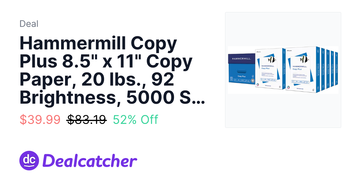 Staples - Hammermill Copy Plus 8.5" x 11" Copy Paper, 20 lbs., 92 Brightness, 5000 Sheets/Carton $39.99