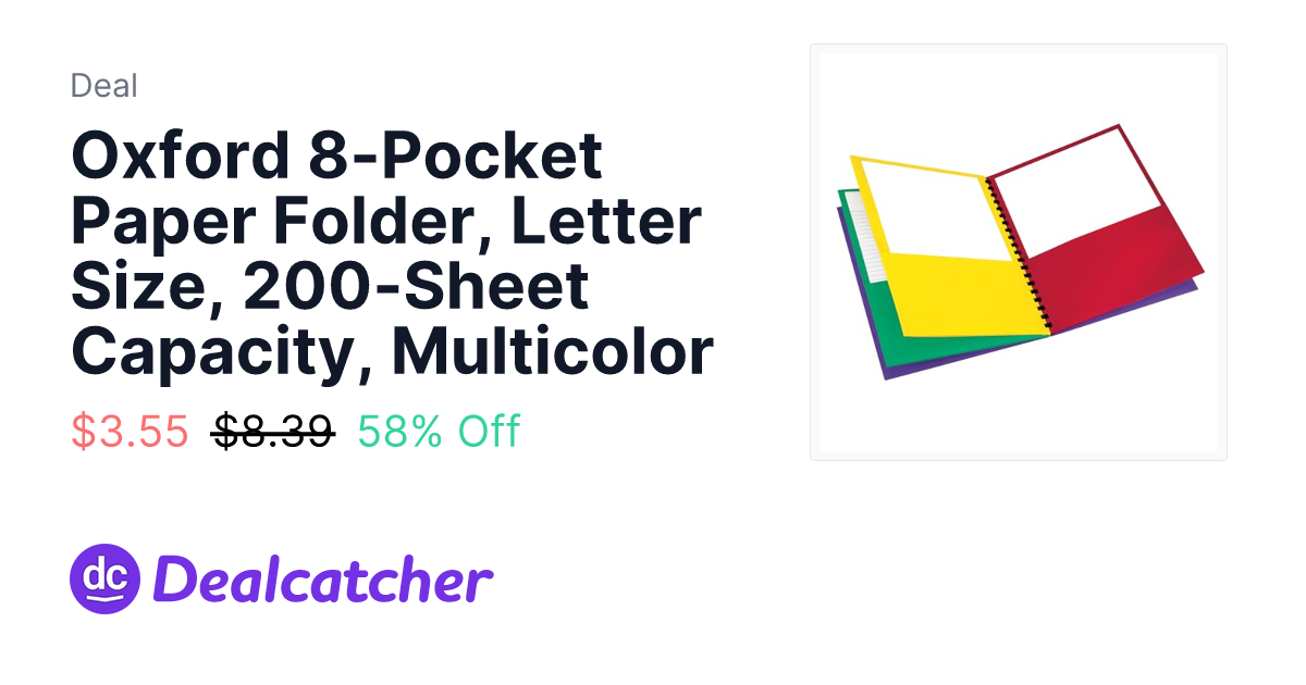 Amazon - Oxford 8-Pocket Paper Folder, Letter Size, 200-Sheet Capacity, Multicolor $3.55