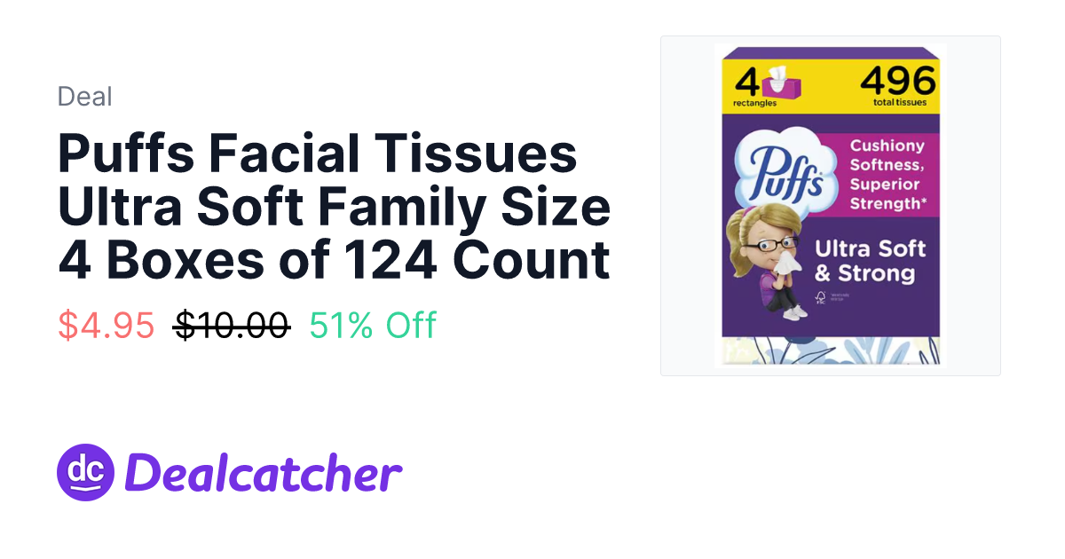 Walgreens - Puffs Facial Tissues Ultra Soft Family Size 4 Boxes of 124 Count $4.95