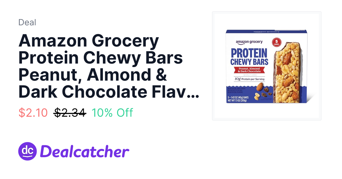 Amazon - Amazon Grocery Protein Chewy Bars Peanut, Almond & Dark Chocolate Flavor 5-Count $2.10
