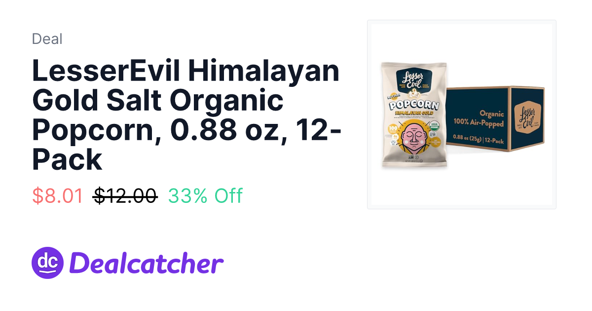 Amazon - LesserEvil Himalayan Gold Salt Organic Popcorn, 0.88 oz, 12-Pack $8.01
