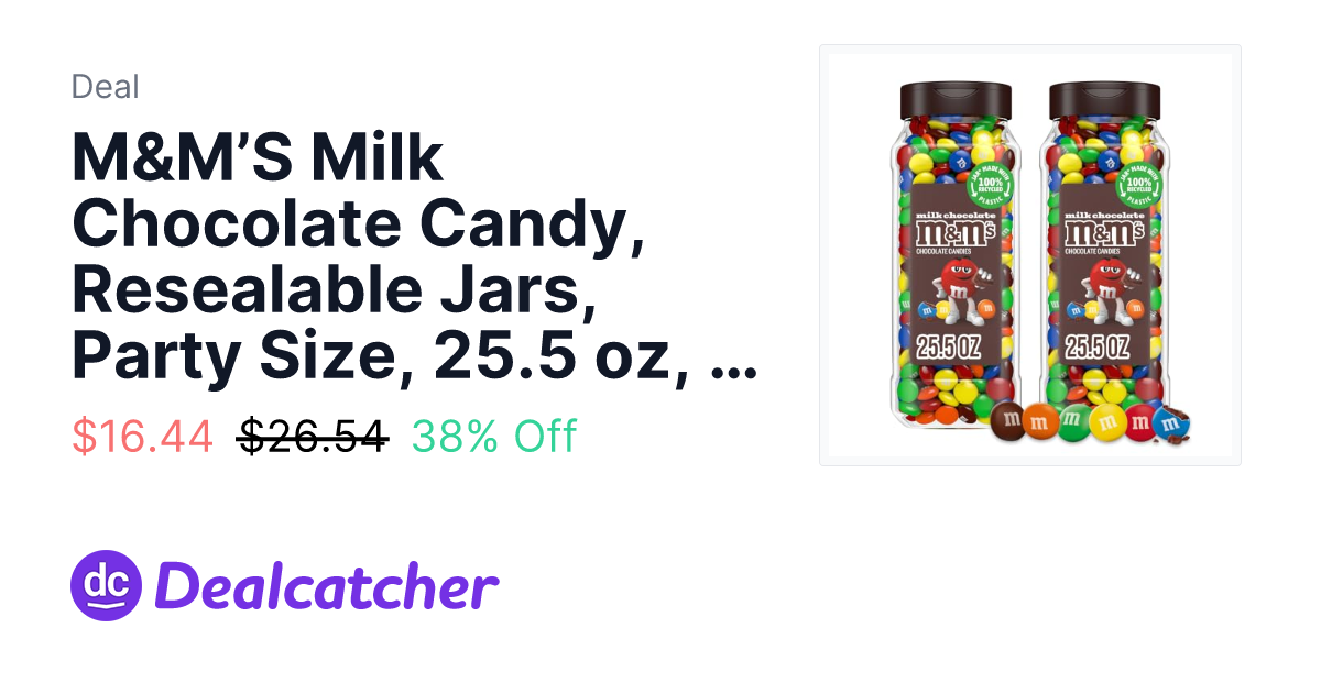 Amazon - M&M’S Milk Chocolate Candy, Resealable Jars, Party Size, 25.5 oz, 2 Pack $16.44