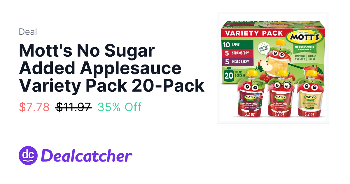 Amazon - Mott's No Sugar Added Applesauce Variety Pack 20-Pack $7.78