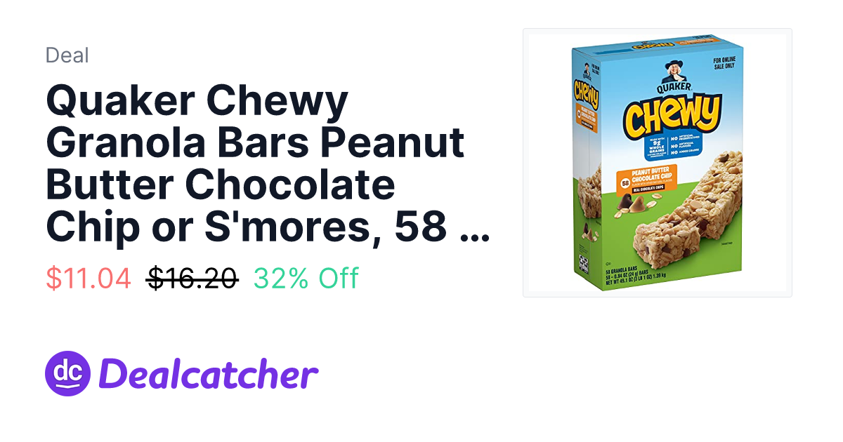 Amazon - Quaker Chewy Granola Bars Peanut Butter Chocolate Chip or S'mores, 58 Count $11.04