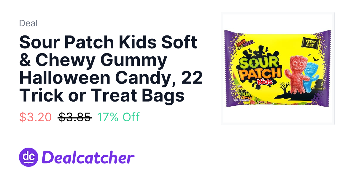 Amazon - Sour Patch Kids Soft & Chewy Gummy Halloween Candy, 22 Trick or Treat Bags $3.20