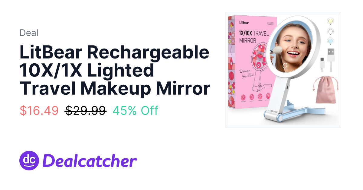 Amazon - LitBear Rechargeable 10X/1X Lighted Travel Makeup Mirror $16.49