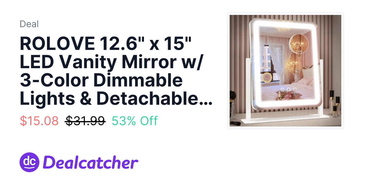 Amazon - ROLOVE 12.6" x 15" LED Vanity Mirror w/ 3-Color Dimmable Lights & Detachable Magnifying Mirror $15.08