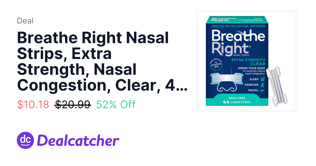 Amazon - Breathe Right Nasal Strips, Extra Strength, Nasal Congestion, Clear, 44ct $10.18