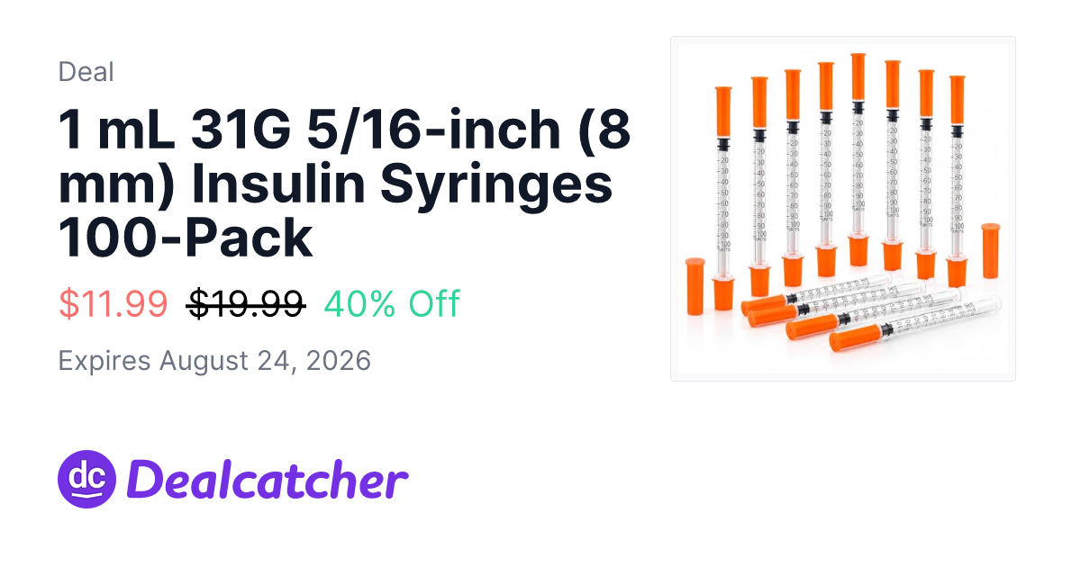 Amazon - 1 mL 31G 5/16-inch (8 mm) Insulin Syringes 100-Pack $11.99