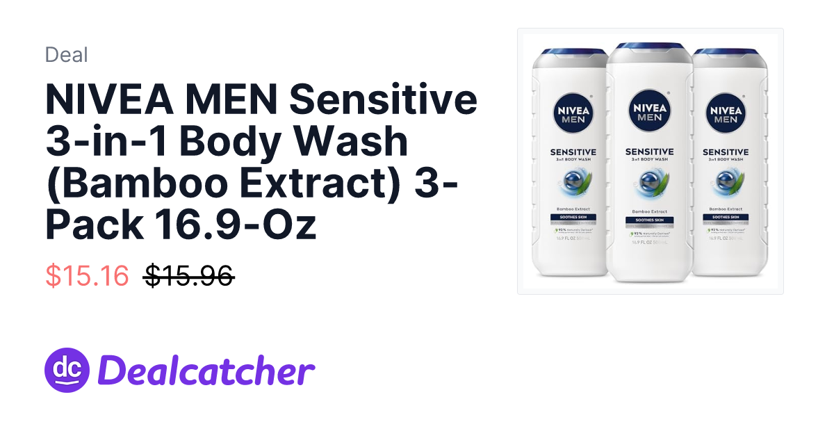 Amazon - NIVEA MEN Sensitive 3-in-1 Body Wash (Bamboo Extract) 3-Pack 16.9-Oz $15.16