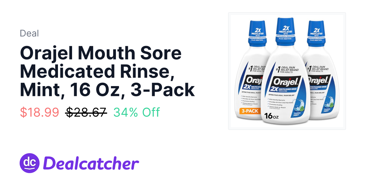 Amazon - Orajel Mouth Sore Medicated Rinse, Mint, 16 Oz, 3-Pack $19.04