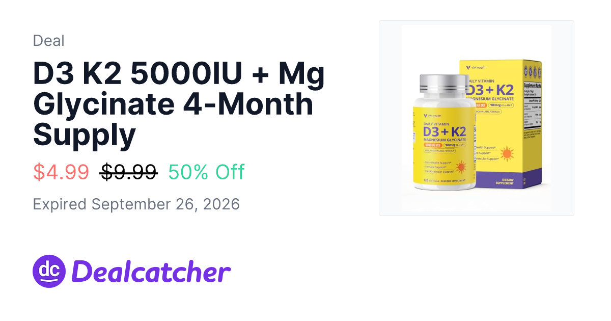 Amazon - D3 K2 5000IU + Mg Glycinate 4-Month Supply $4.99